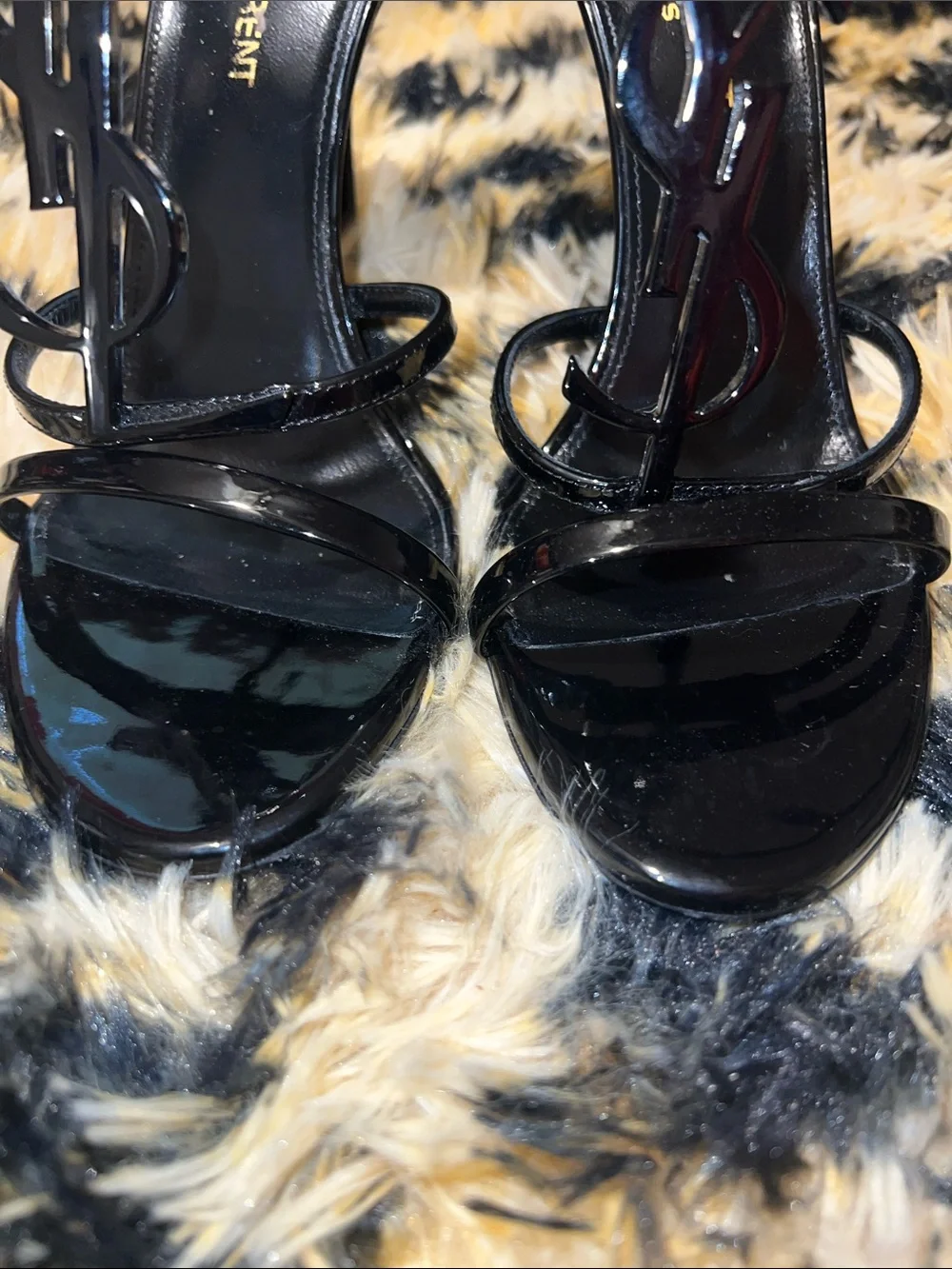 Saint Laurent Black Patent Leather Cassandra Sandal Heels 37.5 - Picture 12 of 16